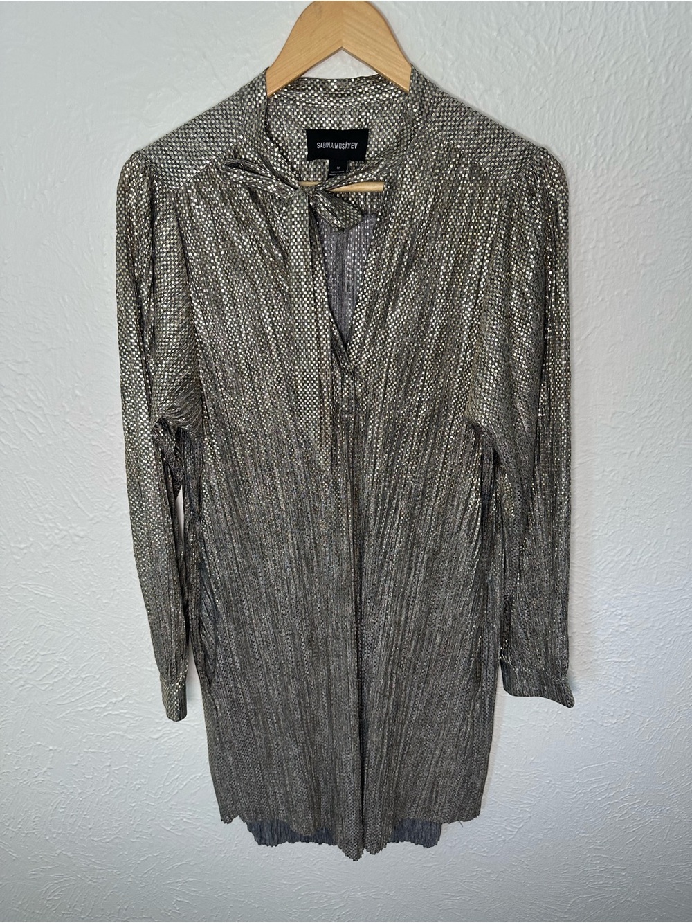 Sabrina Musayev Metallic Pleated Blouse Womens Medium Gold Silver Tie Neck Top - Picture 1 of 7
